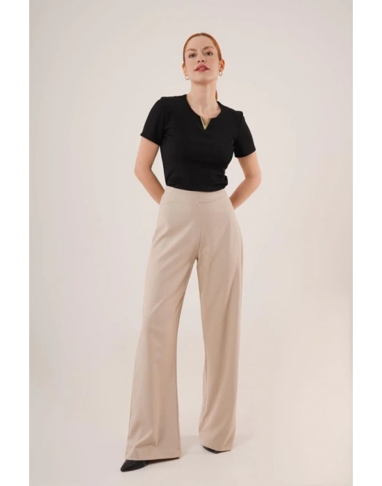 Bol Paça Yandan Fermuarlı Krem Kumaş Pantolon