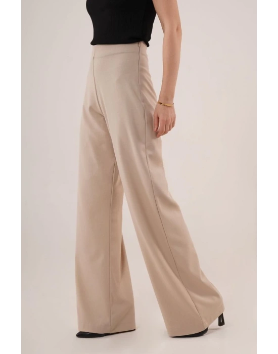 Bol Paça Yandan Fermuarlı Krem Kumaş Pantolon