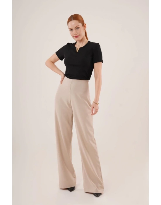 Bol Paça Yandan Fermuarlı Krem Kumaş Pantolon