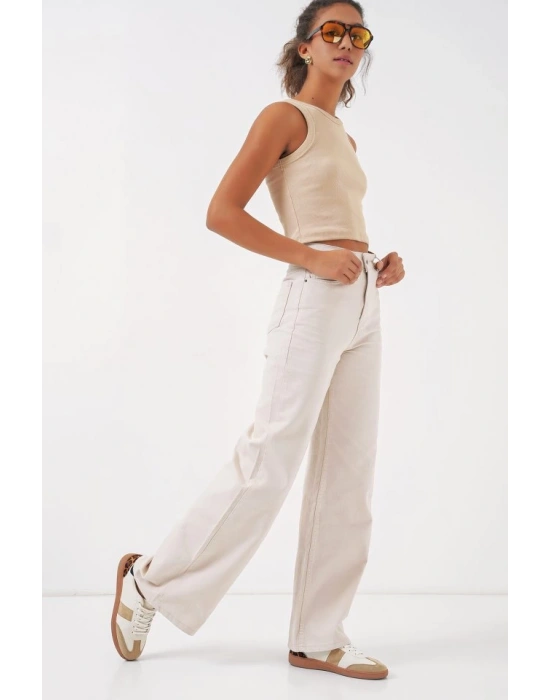 Bol Paça Yüksek Bel Palazzo Kot Pantolon 6656  Ekru