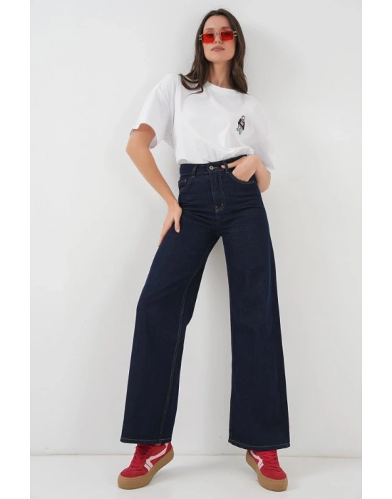 Bol Paça Yüksek Bel Palazzo Kot Pantolon 6656  K. Lacivert