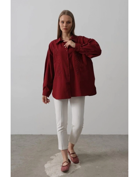 Boncuk Nakış Detaylı Uzun Gömlek  Bordo