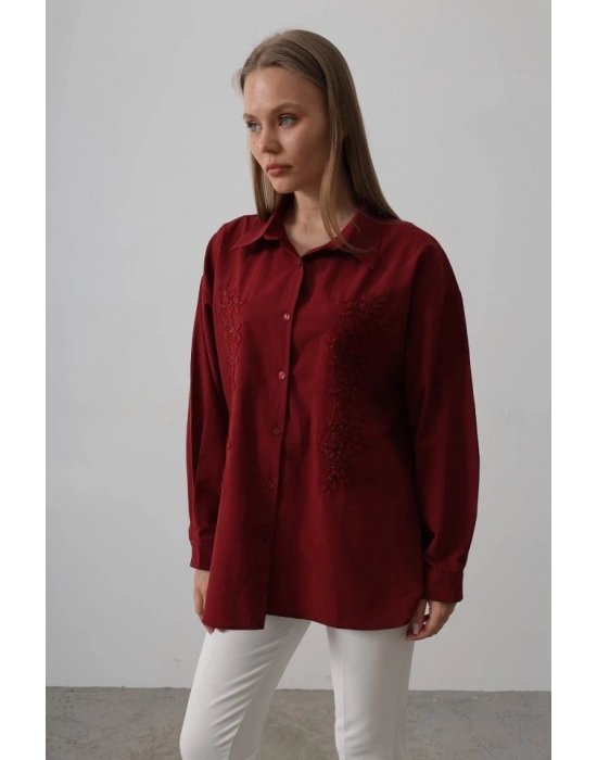 Boncuk Nakış Detaylı Uzun Gömlek  Bordo