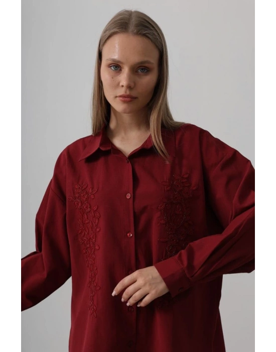 Boncuk Nakış Detaylı Uzun Gömlek  Bordo