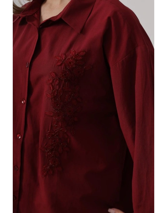 Boncuk Nakış Detaylı Uzun Gömlek  Bordo