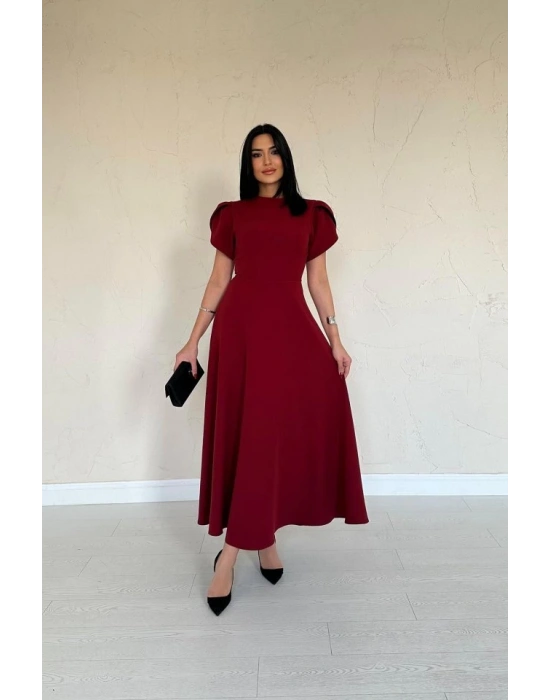 Bordo Arkası Fiyonk Garnili Britli Elbise