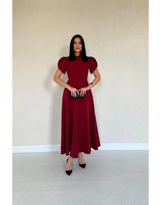 Bordo Arkası Fiyonk Garnili Britli Elbise