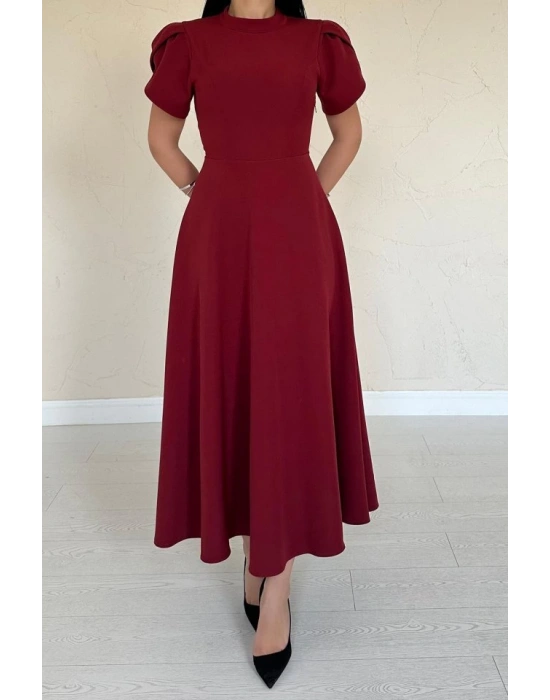 Bordo Arkası Fiyonk Garnili Britli Elbise