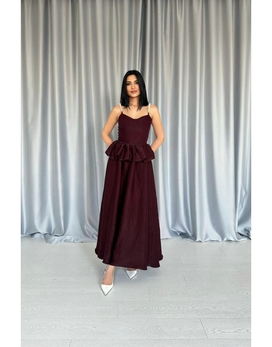 Bordo Beli Büzgülü İnci Askılı Uzun Elbise