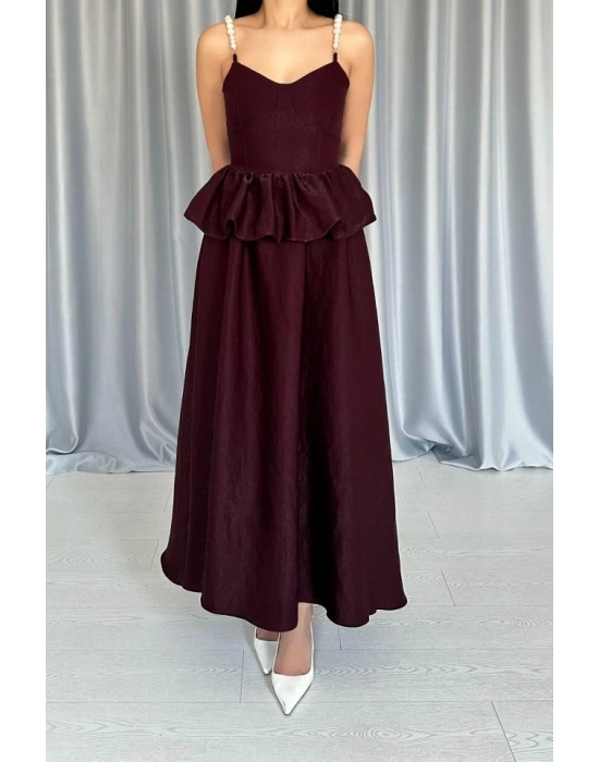 Bordo Beli Büzgülü İnci Askılı Uzun Elbise