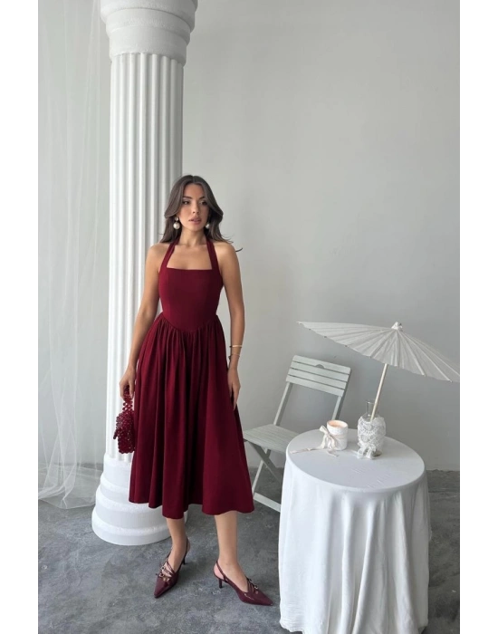 Bordo Boyundan Bağlamalı Keten Elbise