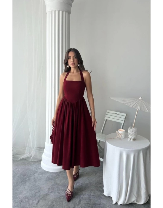 Bordo Boyundan Bağlamalı Keten Elbise