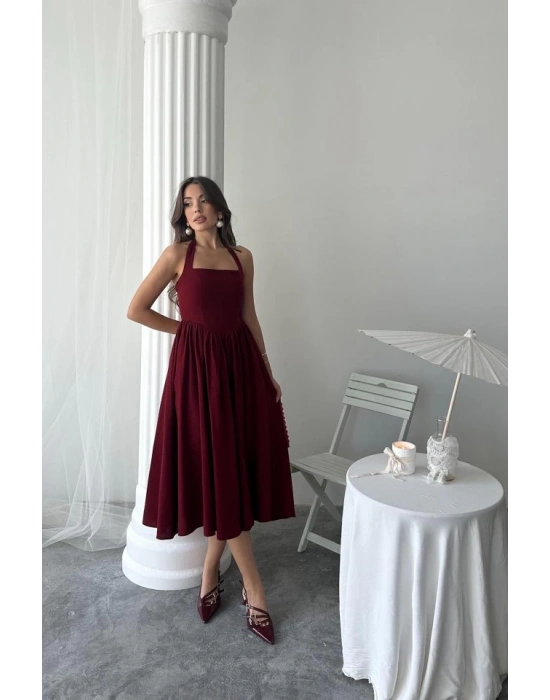 Bordo Boyundan Bağlamalı Keten Elbise