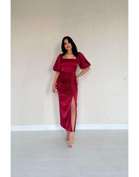Bordo Büzgülü Saten Elbise
