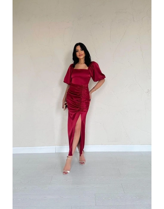 Bordo Büzgülü Saten Elbise