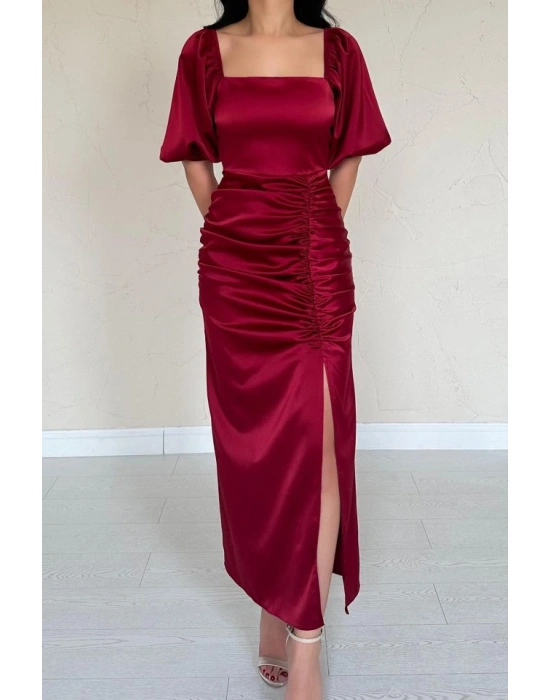 Bordo Büzgülü Saten Elbise