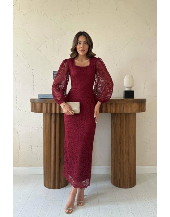 Bordo Güpür Detaylı Dantel Elbise