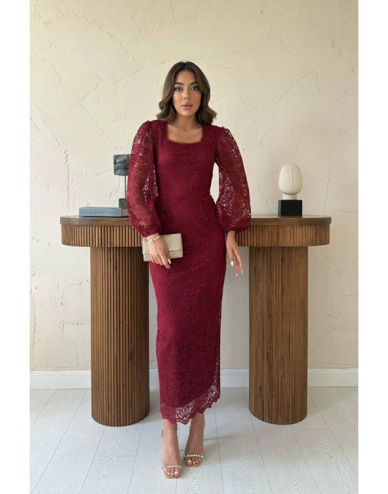 Bordo Güpür Detaylı Dantel Elbise