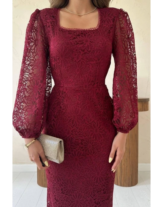 Bordo Güpür Detaylı Dantel Elbise