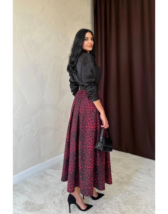 Bordo Leopar Büzgülü Uzun Etek