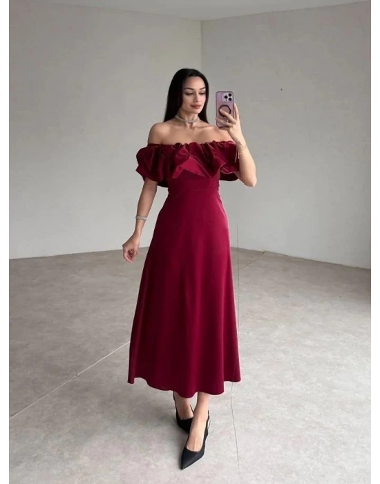 Bordo Omuz Büzgülü aten Elbise