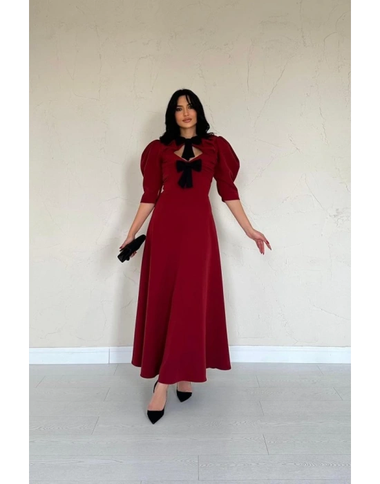 Bordo Ön Dekolteli Fiyonk Garnili Uzun Elbise