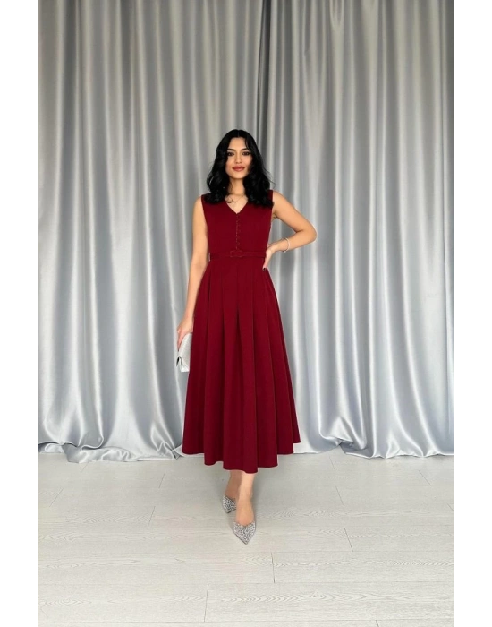 Bordo Önü Britli Pileli Elbise