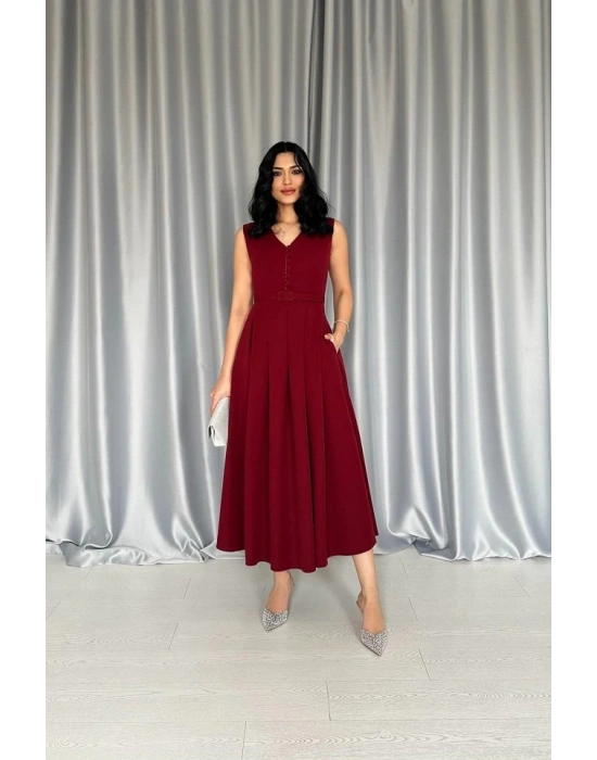 Bordo Önü Britli Pileli Elbise