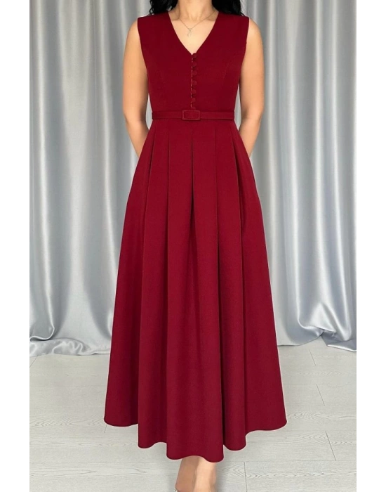 Bordo Önü Britli Pileli Elbise