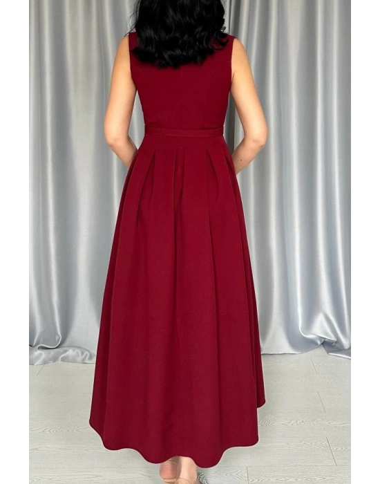 Bordo Önü Britli Pileli Elbise