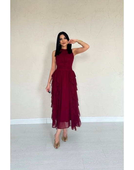 Bordo Önü Büzgülü Fırfırlı Elbise