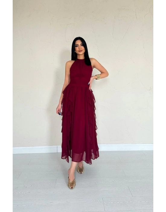 Bordo Önü Büzgülü Fırfırlı Elbise