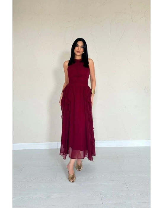 Bordo Önü Büzgülü Fırfırlı Elbise