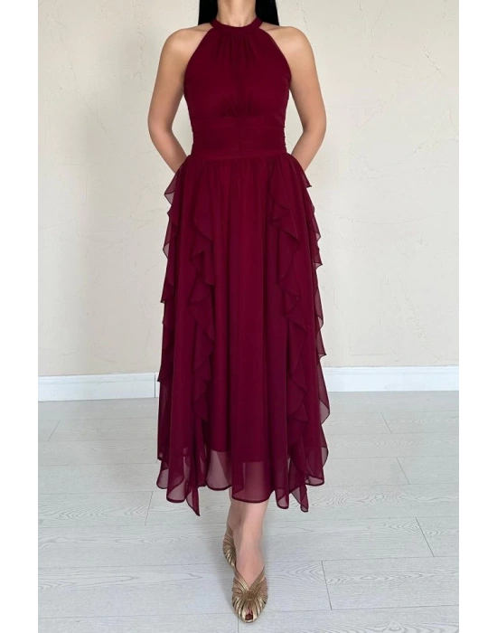 Bordo Önü Büzgülü Fırfırlı Elbise