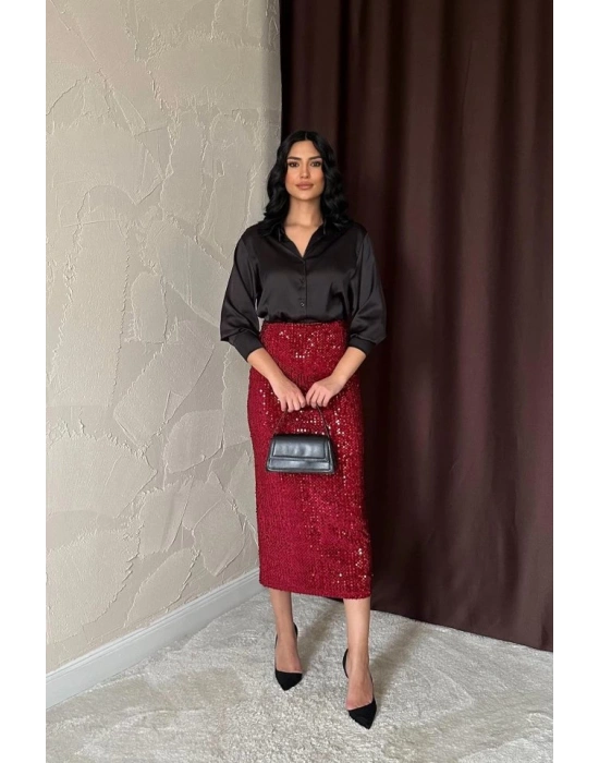 Bordo Pulpayetli Parlak Etek