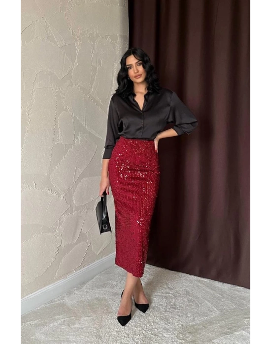 Bordo Pulpayetli Parlak Etek