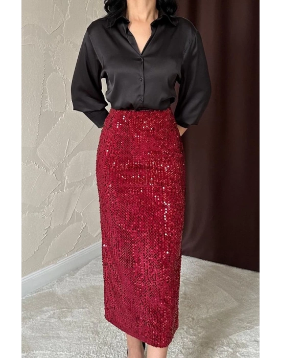 Bordo Pulpayetli Parlak Etek