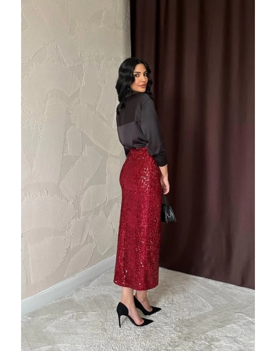 Bordo Pulpayetli Parlak Etek