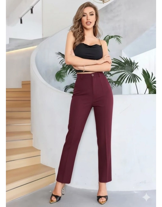 Bordo Renk Yüksek Bel askülen Kesim Kumaş Pantolon