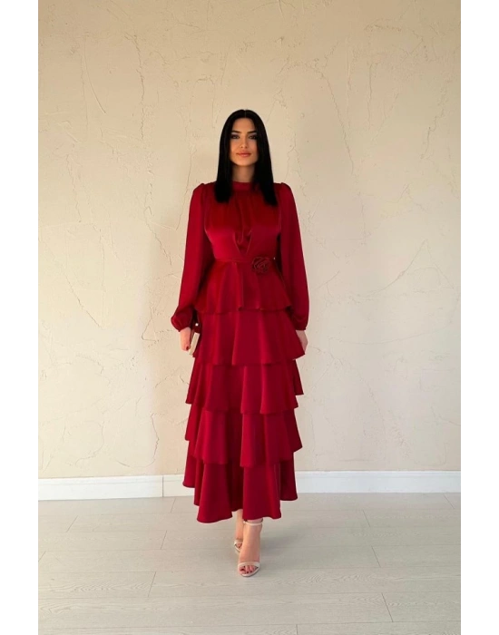 Bordo Saten Büzgülü Kat Kat Elbise