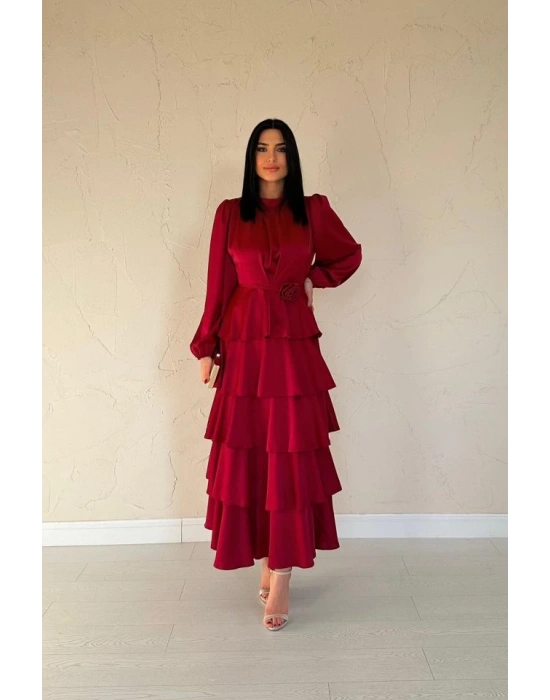 Bordo Saten Büzgülü Kat Kat Elbise