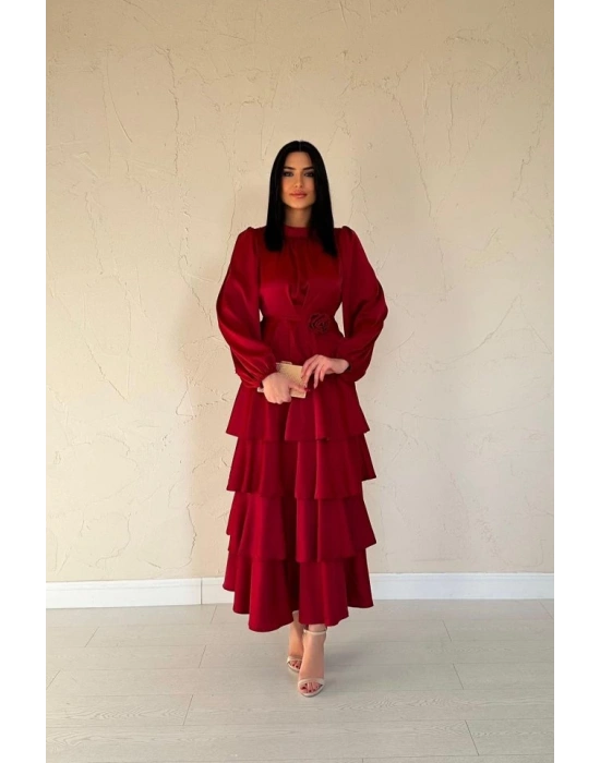 Bordo Saten Büzgülü Kat Kat Elbise