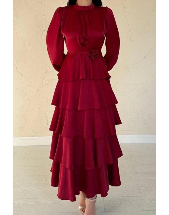 Bordo Saten Büzgülü Kat Kat Elbise