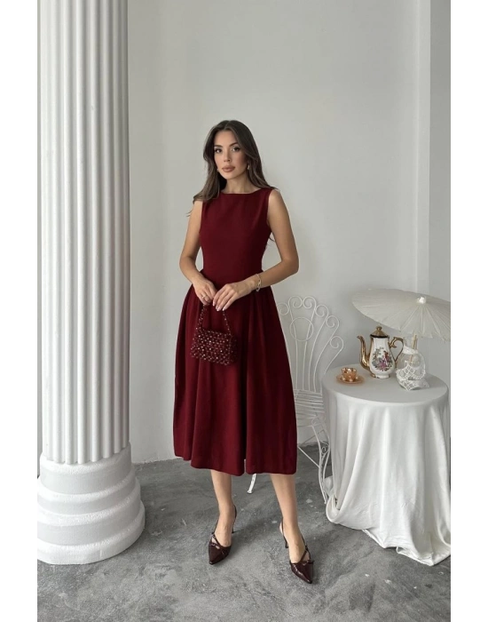 Bordo Yanları Büzgülü idi Boy Keten Elbise