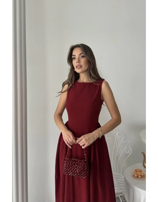 Bordo Yanları Büzgülü idi Boy Keten Elbise