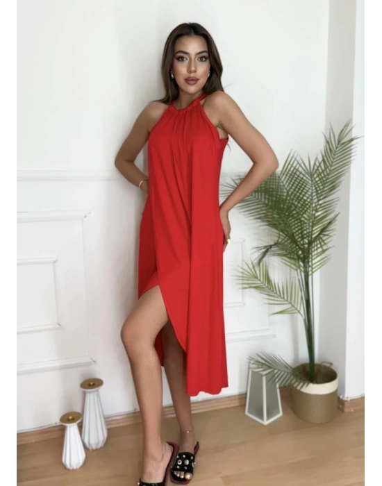 Boyun Askılı Eteği Kruvaze Kesim Viskon Kumaş Elbise