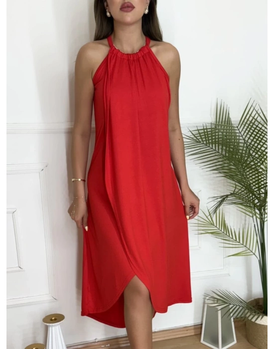 Boyun Askılı Eteği Kruvaze Kesim Viskon Kumaş Elbise