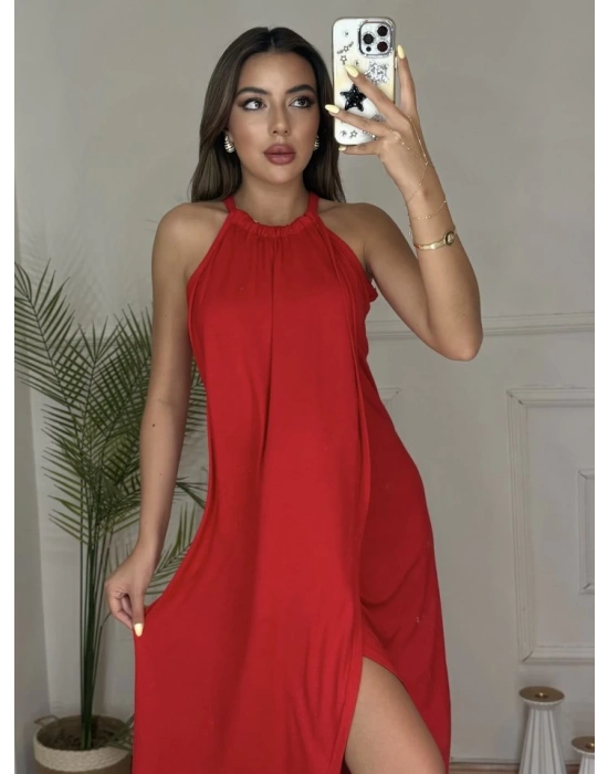 Boyun Askılı Eteği Kruvaze Kesim Viskon Kumaş Elbise