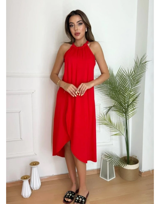 Boyun Askılı Eteği Kruvaze Kesim Viskon Kumaş Elbise