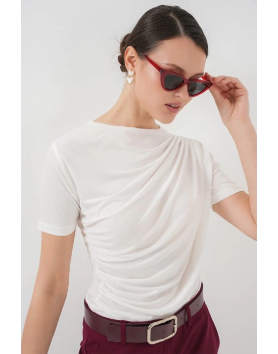 Büzgü Detaylı Kısa Kol Sandy Bluz 945  Beyaz